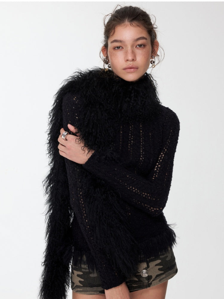 Cut-Out Cable Neck  Fringe knit Slimming Long-Sleeved Top【s0000014555】