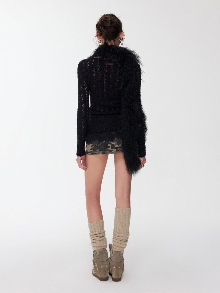 Cut-Out Cable Neck  Fringe knit Slimming Long-Sleeved Top【s0000014555】