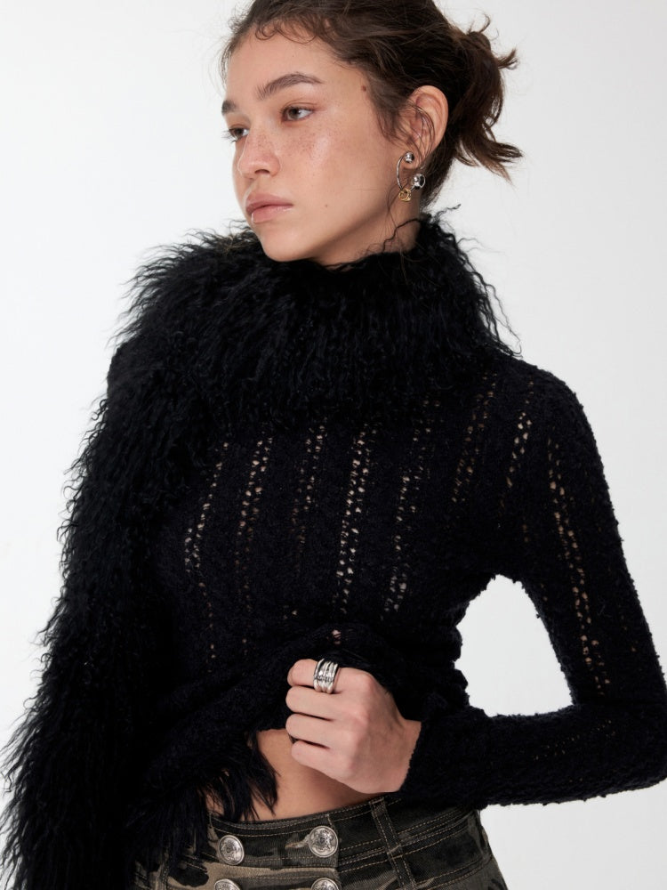 Cut-Out Cable Neck  Fringe knit Slimming Long-Sleeved Top【s0000014555】