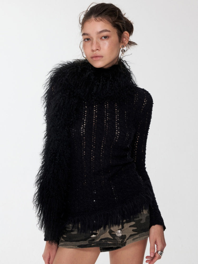 Cut-Out Cable Neck  Fringe knit Slimming Long-Sleeved Top【s0000014555】
