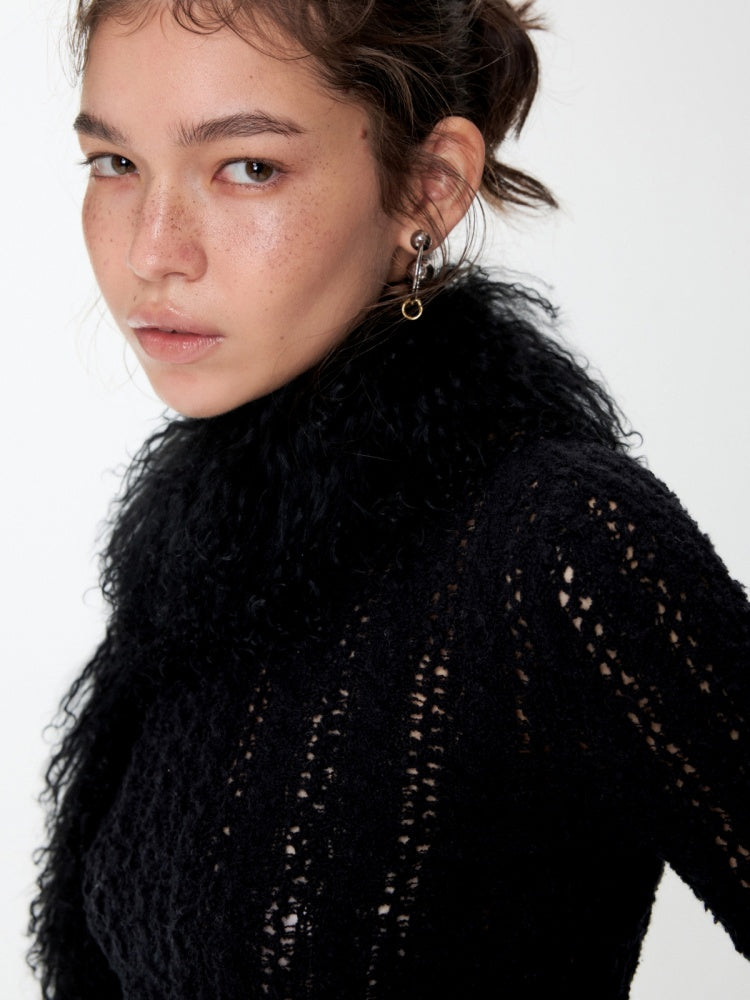 Cut-Out Cable Neck  Fringe knit Slimming Long-Sleeved Top【s0000014555】