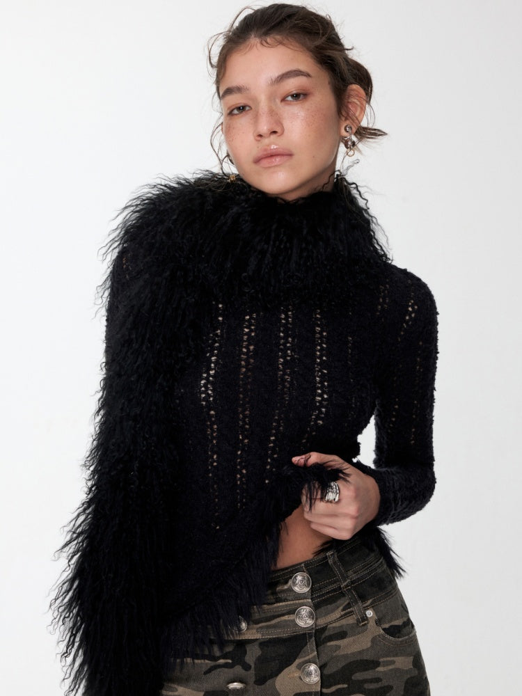 Cut-Out Cable Neck  Fringe knit Slimming Long-Sleeved Top【s0000014555】
