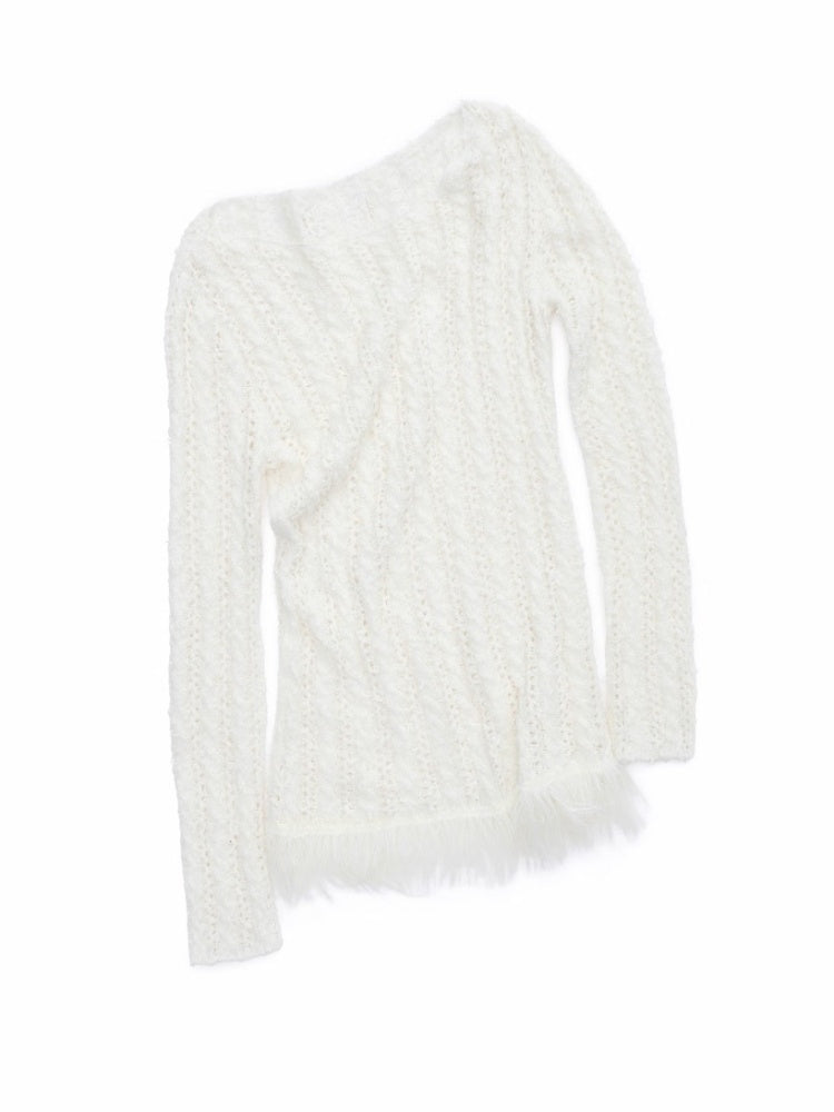 Cut-Out Cable Neck  Fringe knit Slimming Long-Sleeved Top【s0000014555】