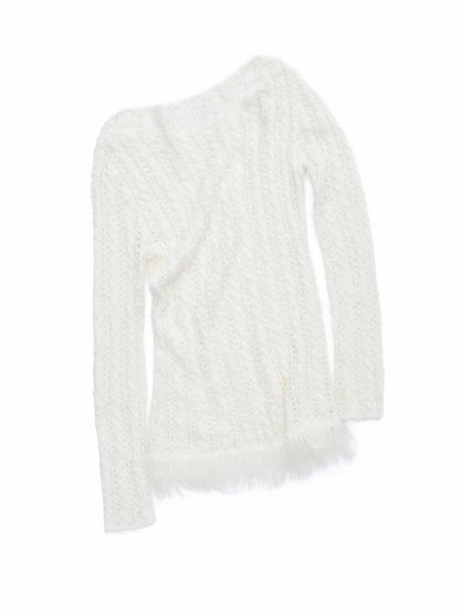 Cut-Out Cable Neck  Fringe knit Slimming Long-Sleeved Top【s0000014555】
