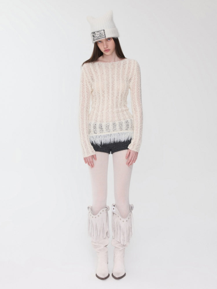 Cut-Out Cable Neck  Fringe knit Slimming Long-Sleeved Top【s0000014555】
