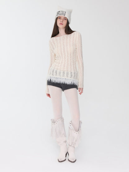 Cut-Out Cable Neck  Fringe knit Slimming Long-Sleeved Top【s0000014555】