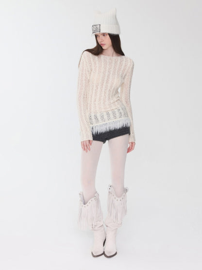Cut-Out Cable Neck  Fringe knit Slimming Long-Sleeved Top【s0000014555】