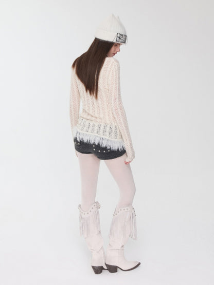 Cut-Out Cable Neck  Fringe knit Slimming Long-Sleeved Top【s0000014555】