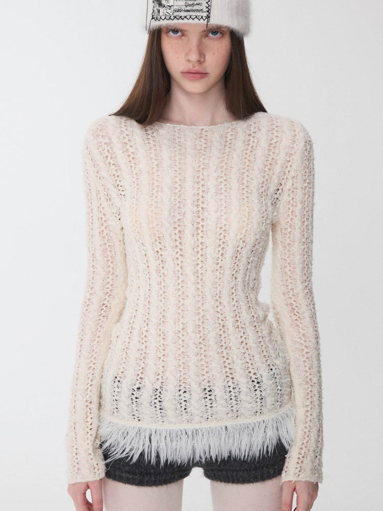 Cut-Out Cable Neck  Fringe knit Slimming Long-Sleeved Top【s0000014555】
