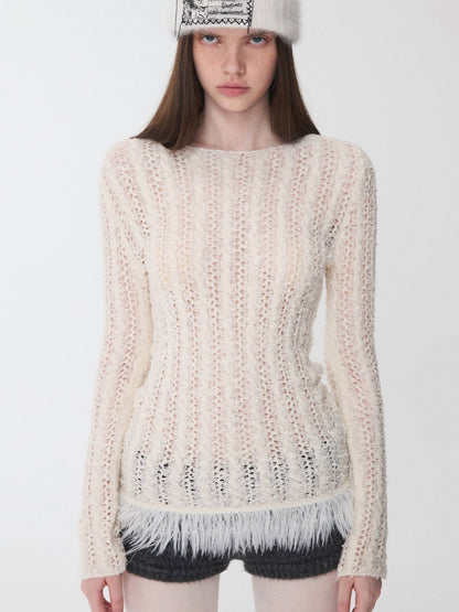 Cut-Out Cable Neck  Fringe knit Slimming Long-Sleeved Top【s0000014555】
