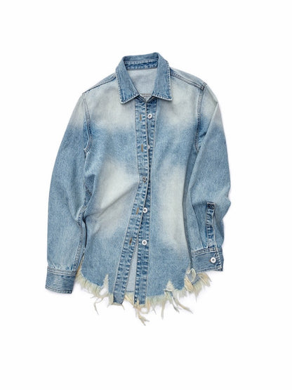 Vintage Washed Raw Edge Denim Fitted Irregular Ripped Casual Shirt Jacket【s0000014556】