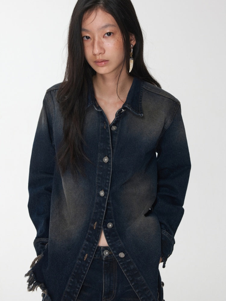Vintage Washed Raw Edge Denim Fitted Irregular Ripped Casual Shirt Jacket【s0000014556】