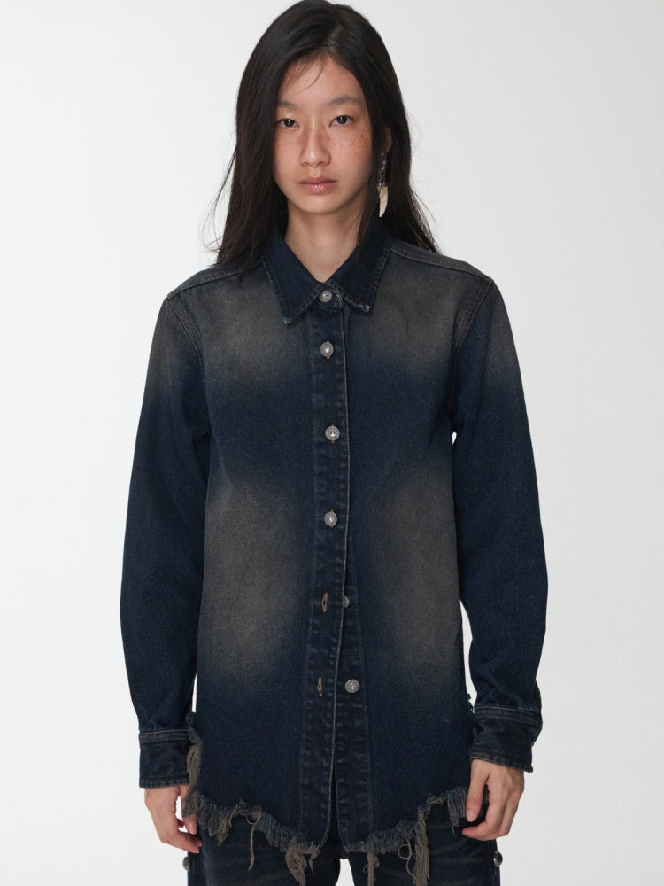 Vintage Washed Raw Edge Denim Fitted Irregular Ripped Casual Shirt Jacket【s0000014556】