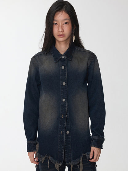 Vintage Washed Raw Edge Denim Fitted Irregular Ripped Casual Shirt Jacket【s0000014556】