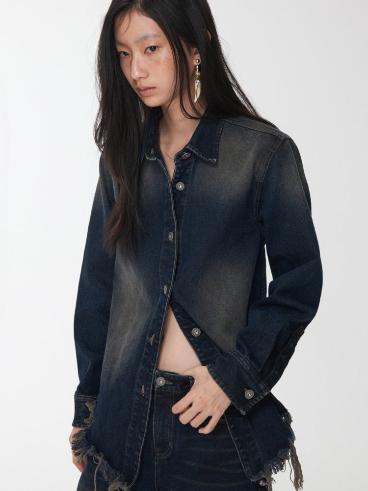 Vintage Washed Raw Edge Denim Fitted Irregular Ripped Casual Shirt Jacket【s0000014556】