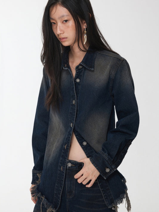 Vintage Washed Raw Edge Denim Fitted Irregular Ripped Casual Shirt Jacket【s0000014556】