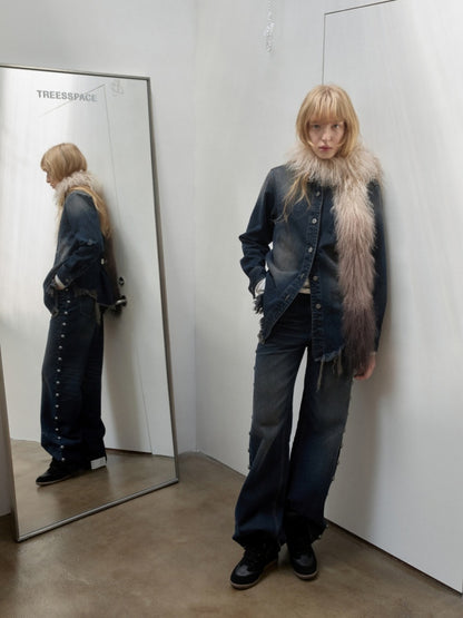 Vintage Washed Raw Edge Denim Fitted Irregular Ripped Casual Shirt Jacket【s0000014556】