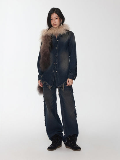 Vintage Washed Raw Edge Denim Fitted Irregular Ripped Casual Shirt Jacket【s0000014556】