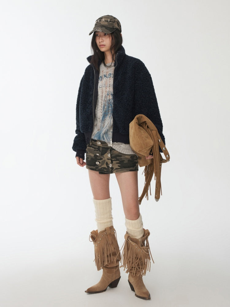 Vintage Camouflage Washed Canvas Double-Breasted Design A-line Short Skirt【s0000014557】