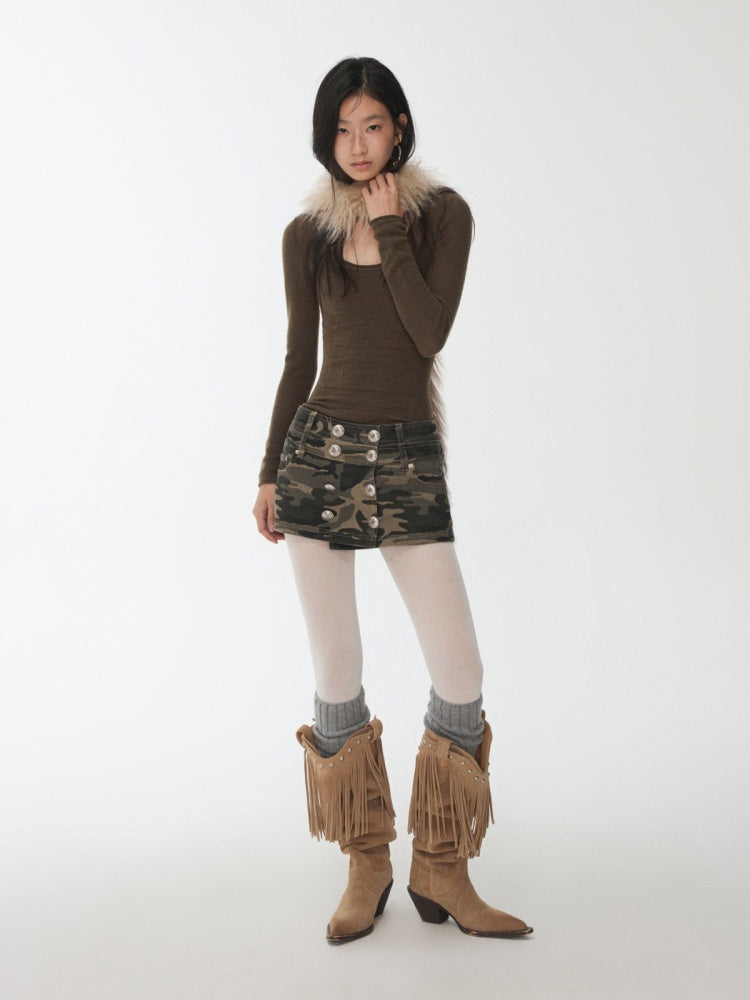 Vintage Camouflage Washed Canvas Double-Breasted Design A-line Short Skirt【s0000014557】