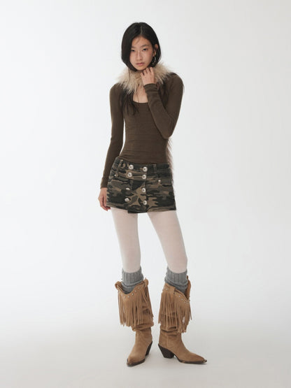Vintage Camouflage Washed Canvas Double-Breasted Design A-line Short Skirt【s0000014557】
