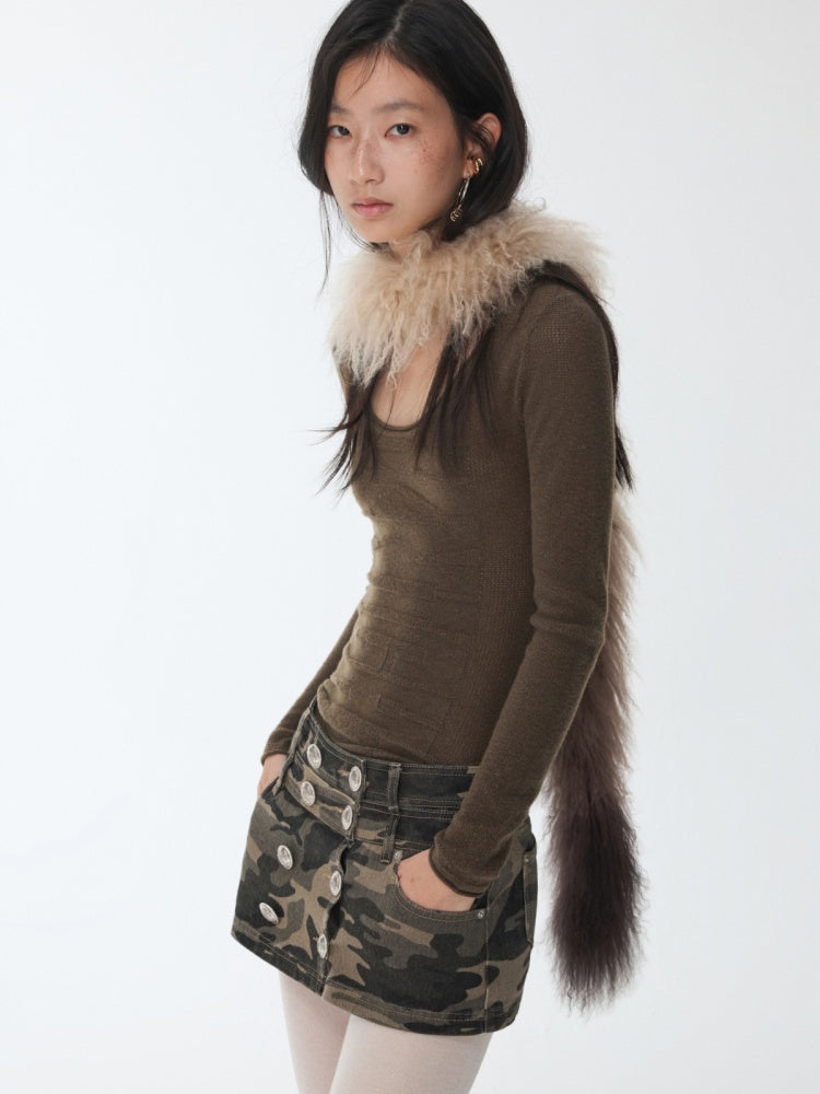 Vintage Camouflage Washed Canvas Double-Breasted Design A-line Short Skirt【s0000014557】