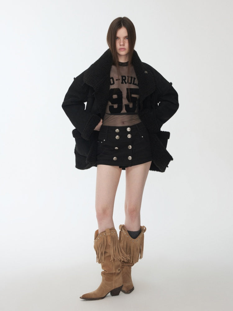 Vintage Camouflage Washed Canvas Double-Breasted Design A-line Short Skirt【s0000014557】