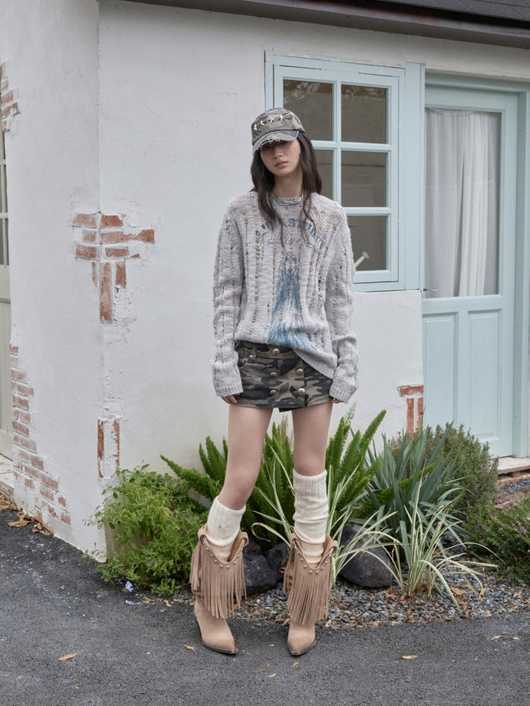 Vintage Camouflage Washed Canvas Double-Breasted Design A-line Short Skirt【s0000014557】