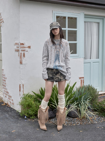 Vintage Camouflage Washed Canvas Double-Breasted Design A-line Short Skirt【s0000014557】