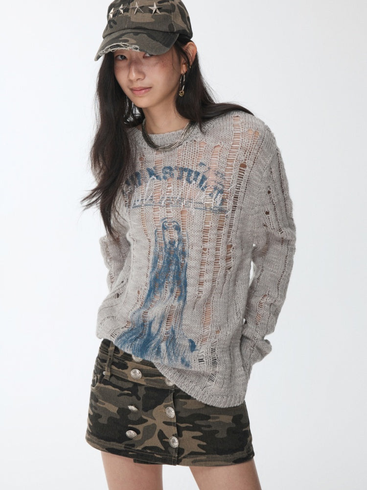 Vintage Camouflage Washed Canvas Double-Breasted Design A-line Short Skirt【s0000014557】