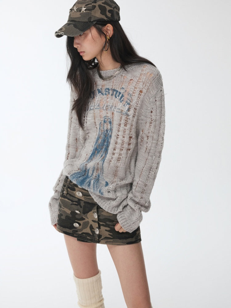 Vintage Camouflage Washed Canvas Double-Breasted Design A-line Short Skirt【s0000014557】