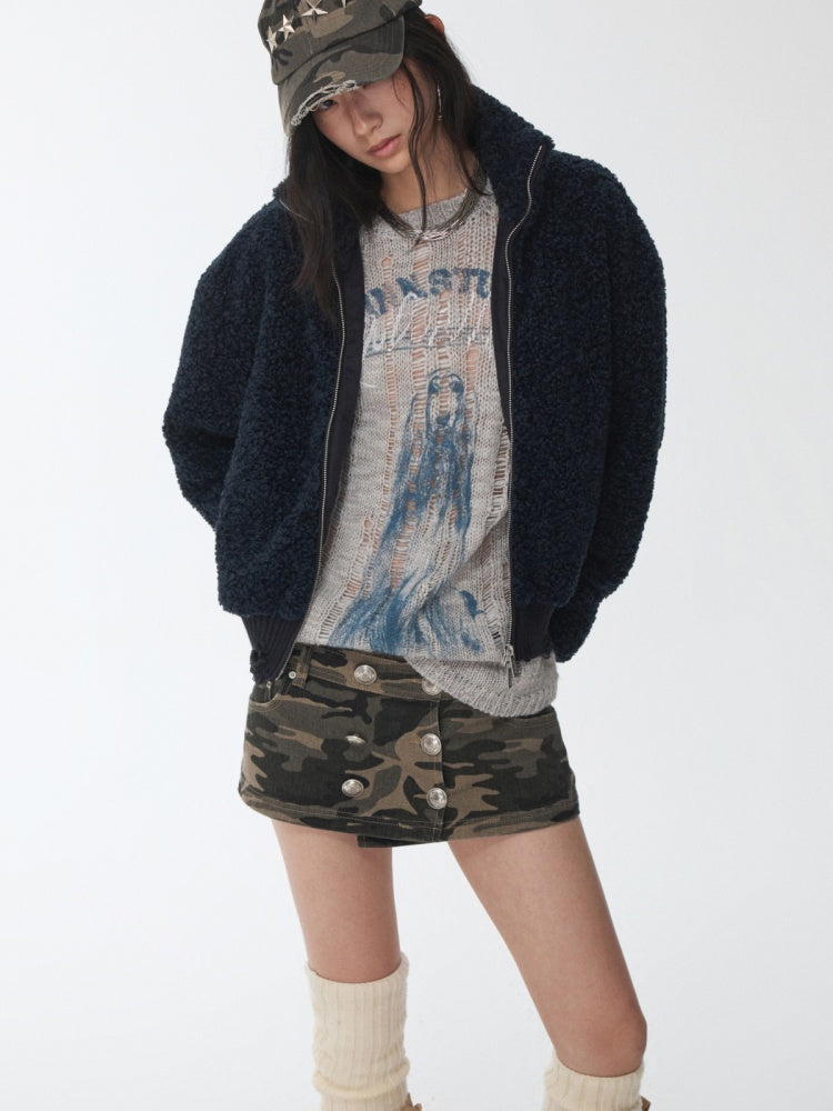 Vintage Camouflage Washed Canvas Double-Breasted Design A-line Short Skirt【s0000014557】