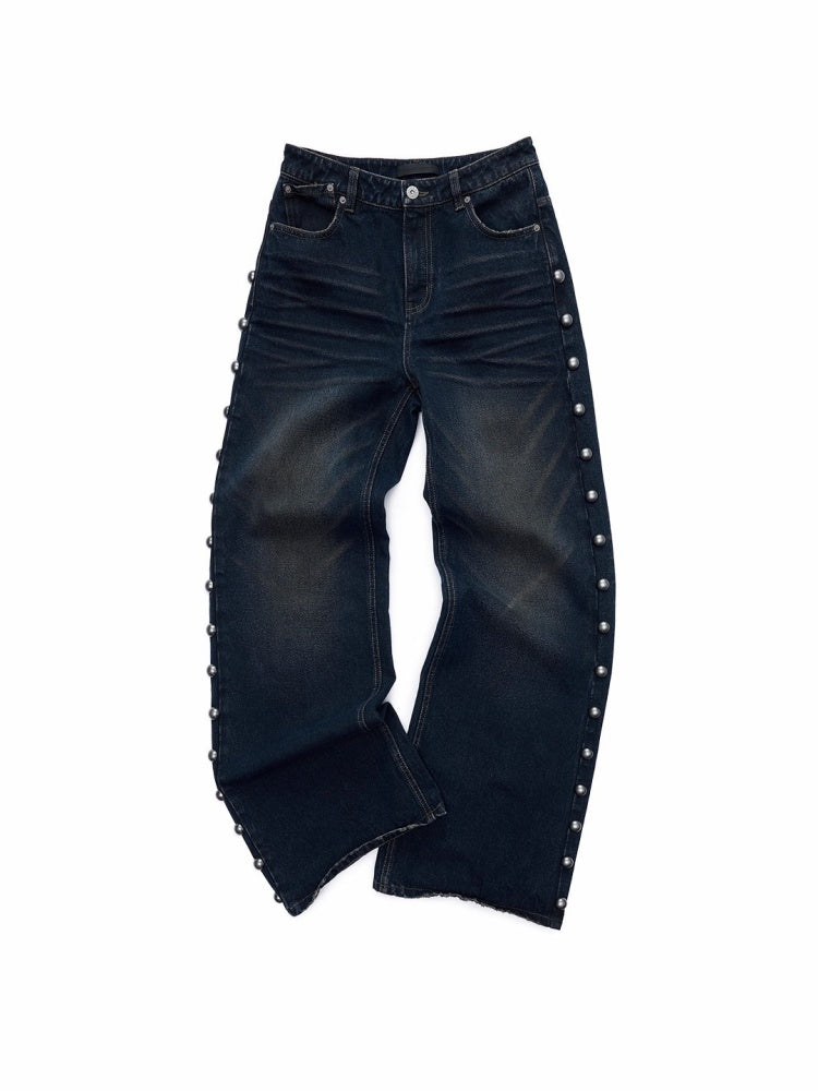 Mud-Dyed Washed Distressed Rivet Denim Straight Pants Loose Wide-Leg Trousers【s0000014558】