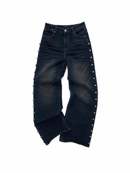 Mud-Dyed Washed Distressed Rivet Denim Straight Pants Loose Wide-Leg Trousers【s0000014558】