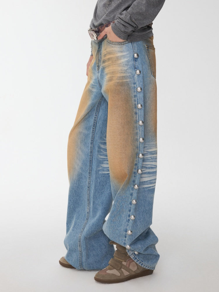 Mud-Dyed Washed Distressed Rivet Denim Straight Pants Loose Wide-Leg Trousers【s0000014558】