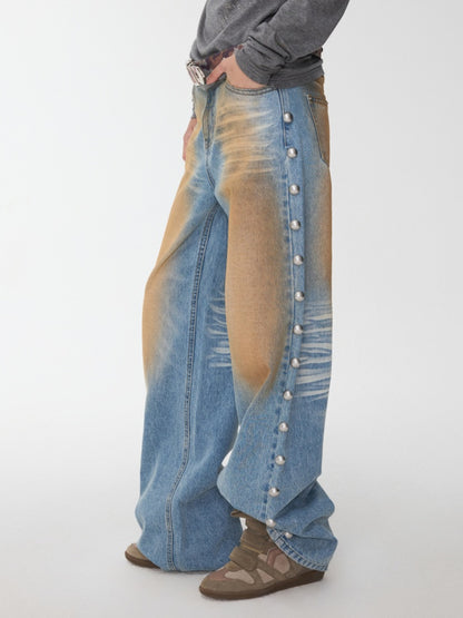 Mud-Dyed Washed Distressed Rivet Denim Straight Pants Loose Wide-Leg Trousers【s0000014558】