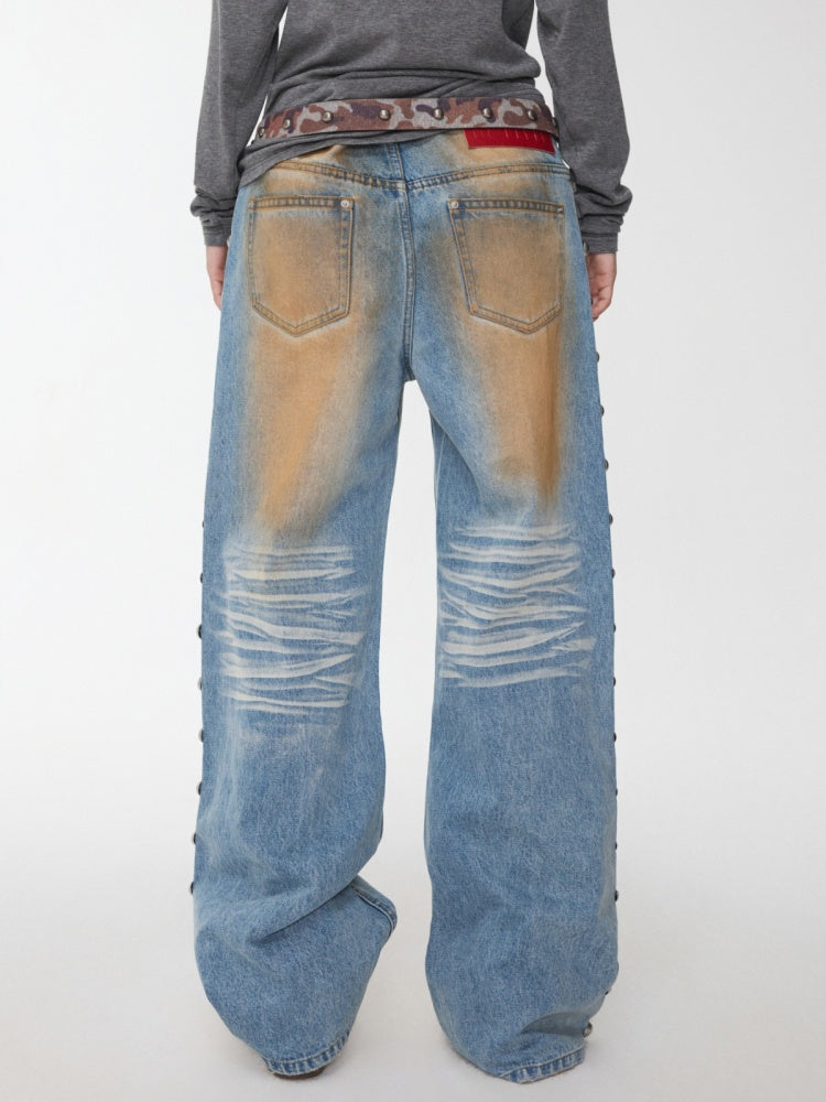 Mud-Dyed Washed Distressed Rivet Denim Straight Pants Loose Wide-Leg Trousers【s0000014558】
