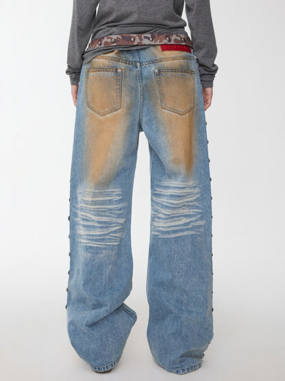 Mud-Dyed Washed Distressed Rivet Denim Straight Pants Loose Wide-Leg Trousers【s0000014558】