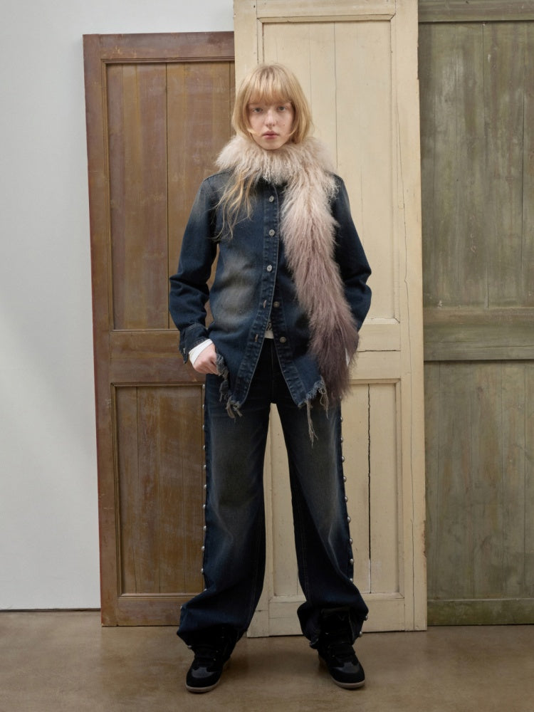 Mud-Dyed Washed Distressed Rivet Denim Straight Pants Loose Wide-Leg Trousers【s0000014558】