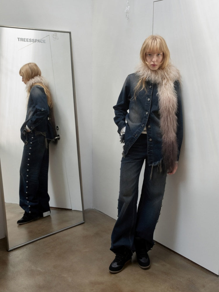 Mud-Dyed Washed Distressed Rivet Denim Straight Pants Loose Wide-Leg Trousers【s0000014558】