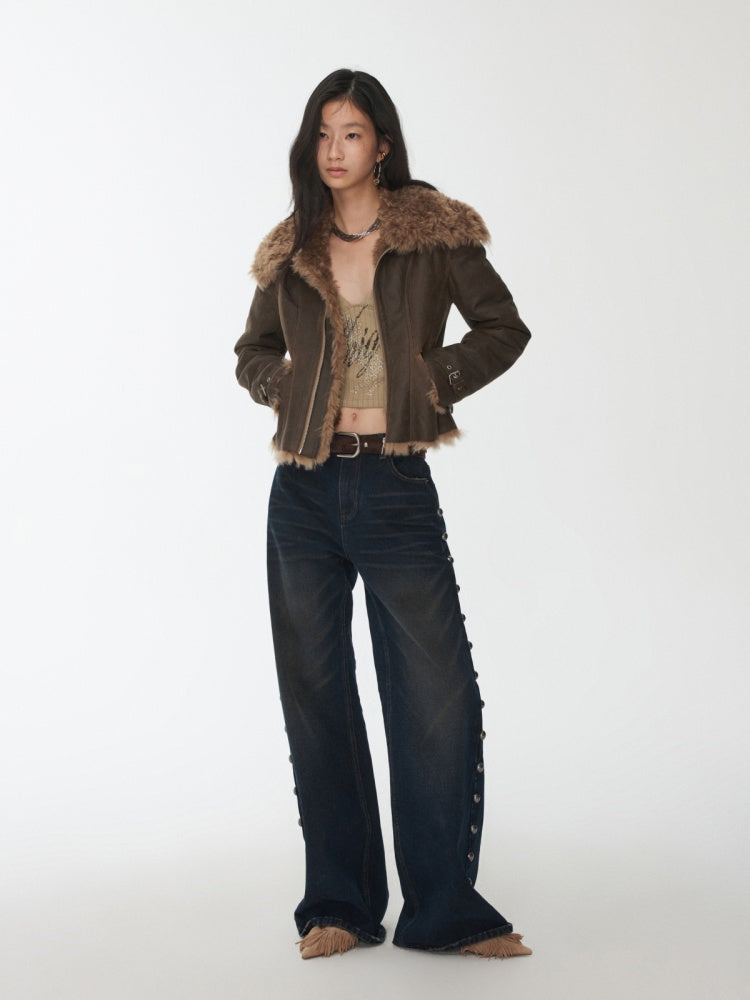 Mud-Dyed Washed Distressed Rivet Denim Straight Pants Loose Wide-Leg Trousers【s0000014558】