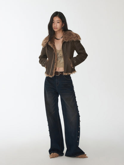 Mud-Dyed Washed Distressed Rivet Denim Straight Pants Loose Wide-Leg Trousers【s0000014558】