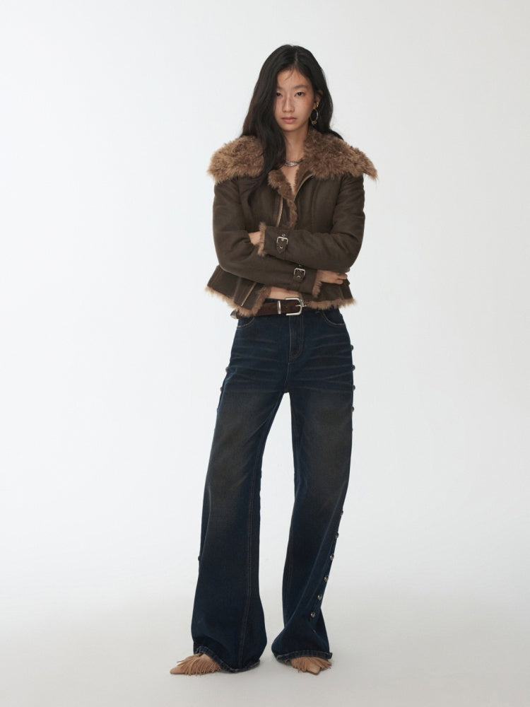 Mud-Dyed Washed Distressed Rivet Denim Straight Pants Loose Wide-Leg Trousers【s0000014558】