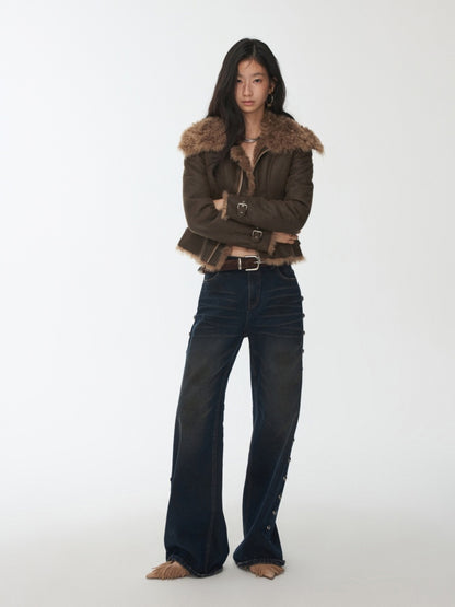 Mud-Dyed Washed Distressed Rivet Denim Straight Pants Loose Wide-Leg Trousers【s0000014558】