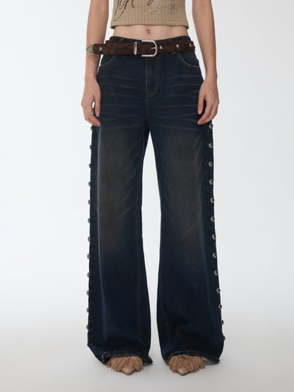 Mud-Dyed Washed Distressed Rivet Denim Straight Pants Loose Wide-Leg Trousers【s0000014558】