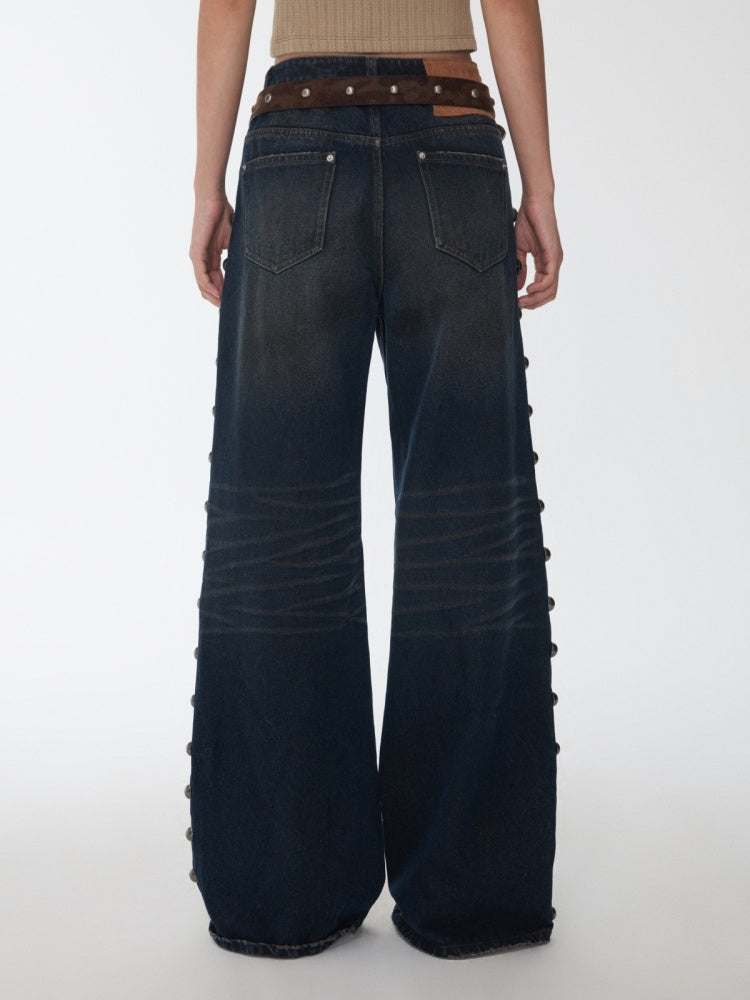 Mud-Dyed Washed Distressed Rivet Denim Straight Pants Loose Wide-Leg Trousers【s0000014558】