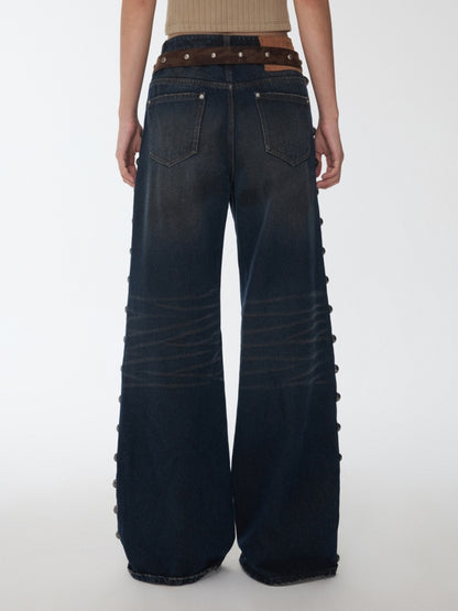 Mud-Dyed Washed Distressed Rivet Denim Straight Pants Loose Wide-Leg Trousers【s0000014558】
