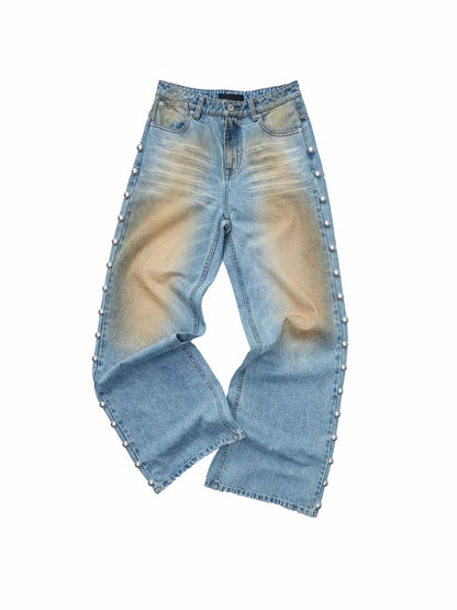 Mud-Dyed Washed Distressed Rivet Denim Straight Pants Loose Wide-Leg Trousers【s0000014558】