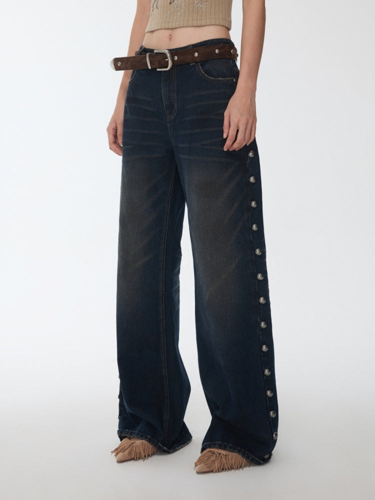Mud-Dyed Washed Distressed Rivet Denim Straight Pants Loose Wide-Leg Trousers【s0000014558】