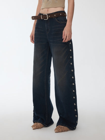 Mud-Dyed Washed Distressed Rivet Denim Straight Pants Loose Wide-Leg Trousers【s0000014558】